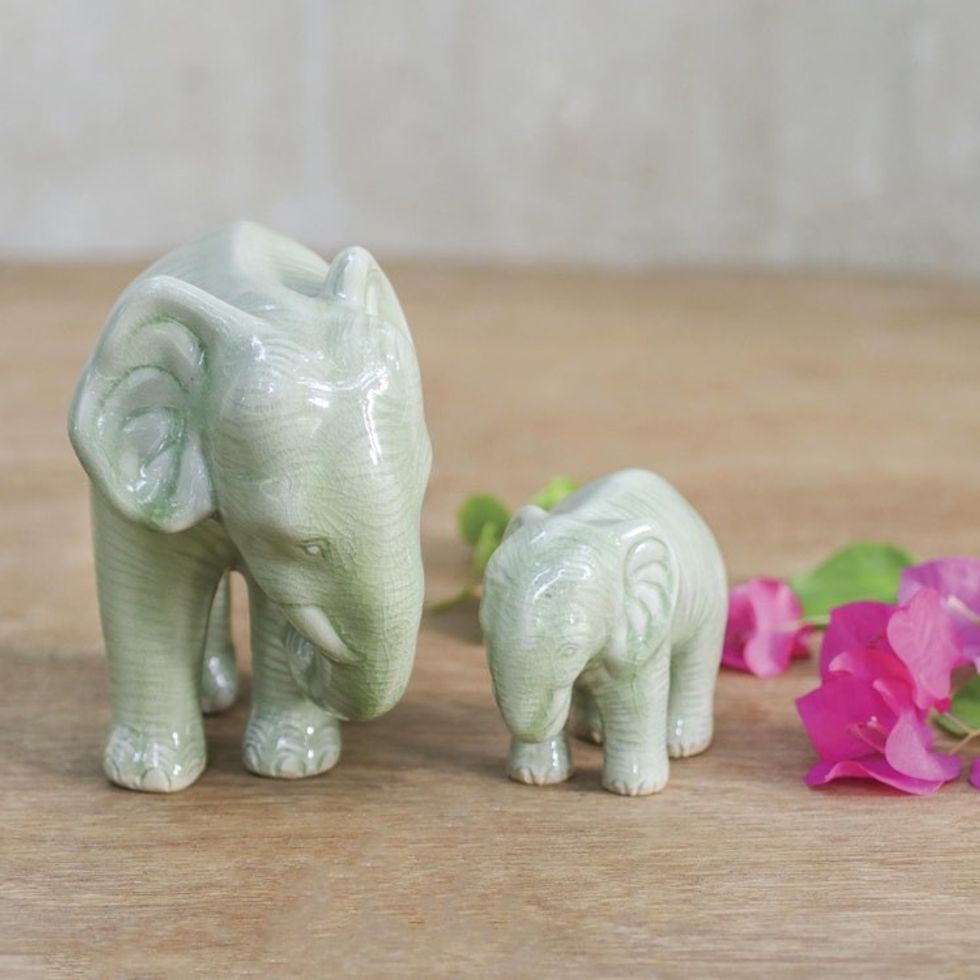 Green Celadon Ceramic Elephant Statuettes Pair 'Natural Nurture'