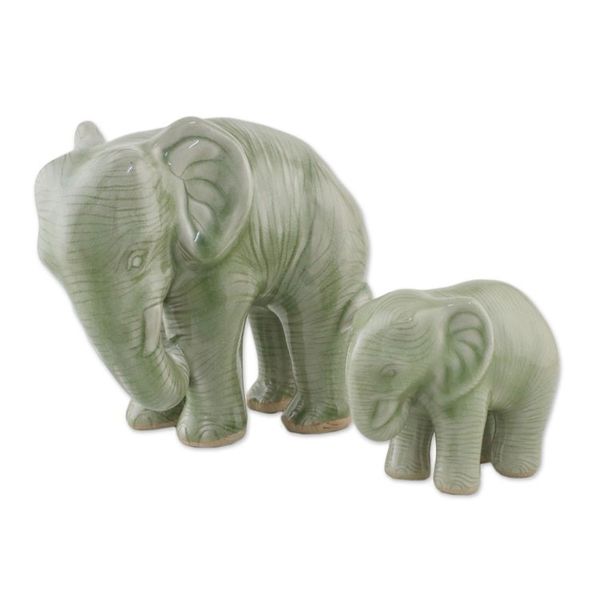 Alternate image for Green Celadon Ceramic Elephant Statuettes Pair Natural Nurture
