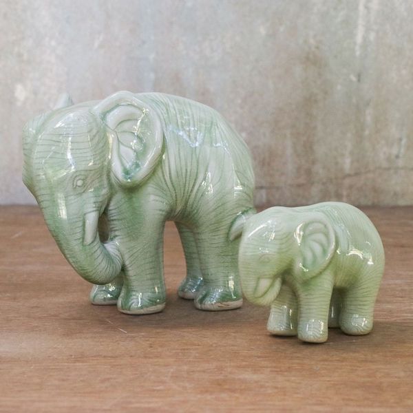 Alternate image for Green Celadon Ceramic Elephant Statuettes Pair Natural Nurture