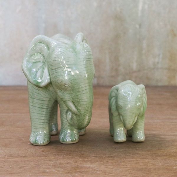 Alternate image for Green Celadon Ceramic Elephant Statuettes Pair Natural Nurture