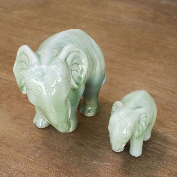 Alternate image for Green Celadon Ceramic Elephant Statuettes Pair Natural Nurture