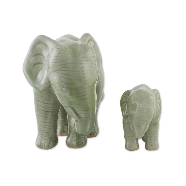 Alternate image for Green Celadon Ceramic Elephant Statuettes Pair Natural Nurture