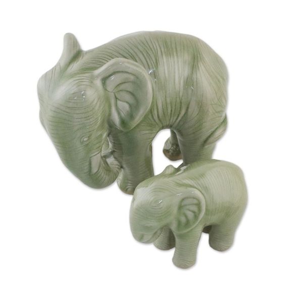Alternate image for Green Celadon Ceramic Elephant Statuettes Pair Natural Nurture
