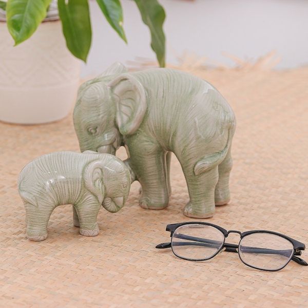 Alternate image for Green Celadon Ceramic Elephant Statuettes Pair Natural Nurture