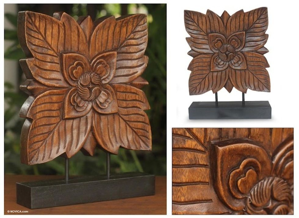 Hand Carved Rain Tree Wood Sculpture 'Sweet Thai Blossom'