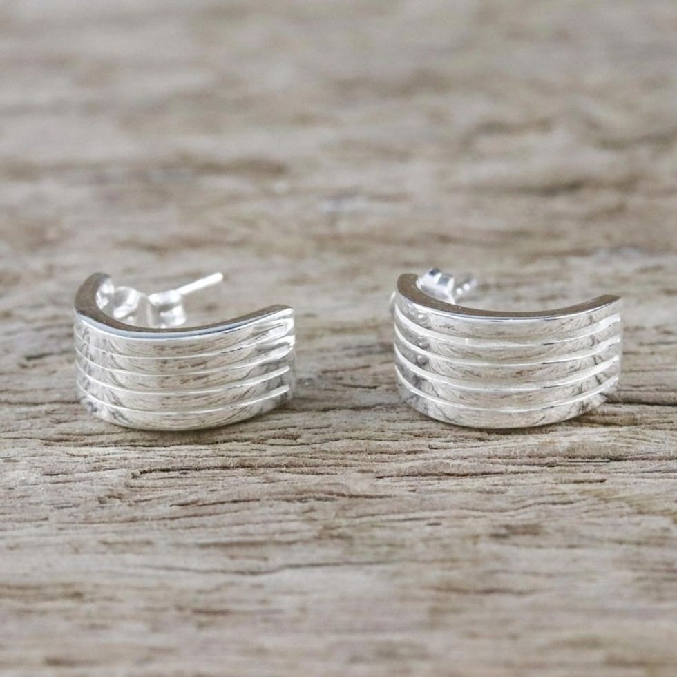 Sterling Silver Striped Half-Hoop Earrings from Thailand 'Shimmering Stripes'