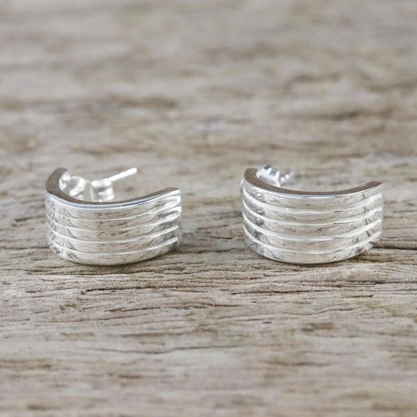 Alternate image for Sterling Silver Striped Half-Hoop Earrings from Thailand Shimmering Stripes