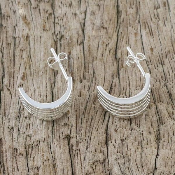 Alternate image for Sterling Silver Striped Half-Hoop Earrings from Thailand Shimmering Stripes