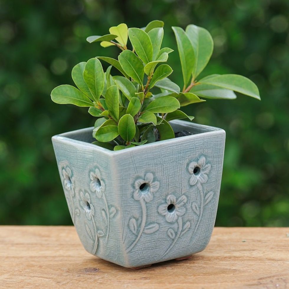 Celadon Ceramic Mini Planter with Floral Motif in Blue 'Blue Little Garden'