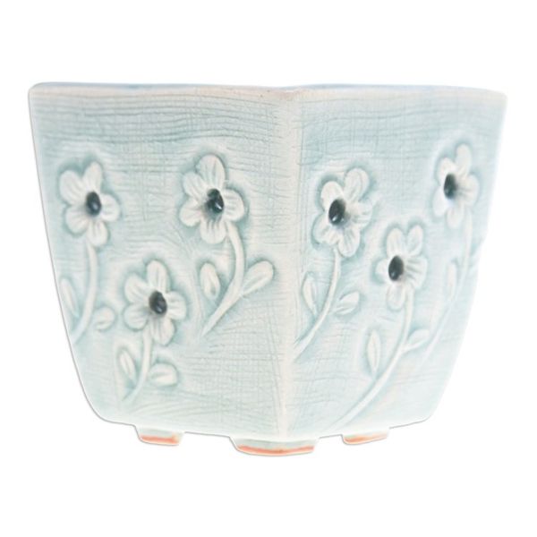 Alternate image for Celadon Ceramic Mini Planter with Floral Motif in Blue Blue Little Garden