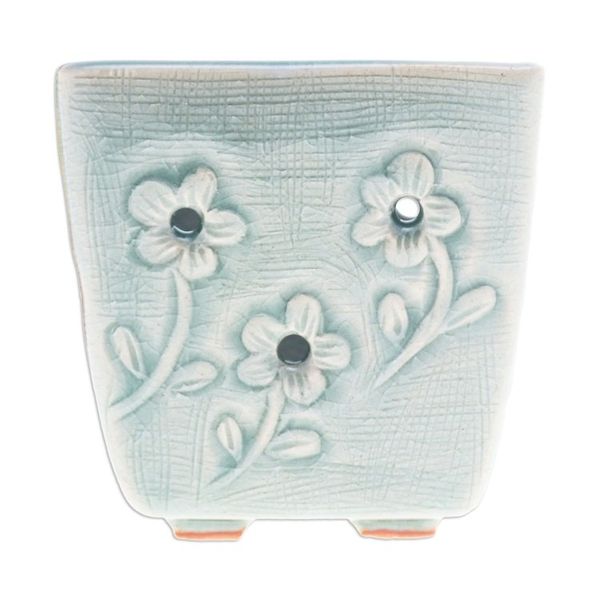 Alternate image for Celadon Ceramic Mini Planter with Floral Motif in Blue Blue Little Garden