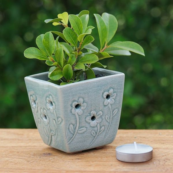 Alternate image for Celadon Ceramic Mini Planter with Floral Motif in Blue Blue Little Garden