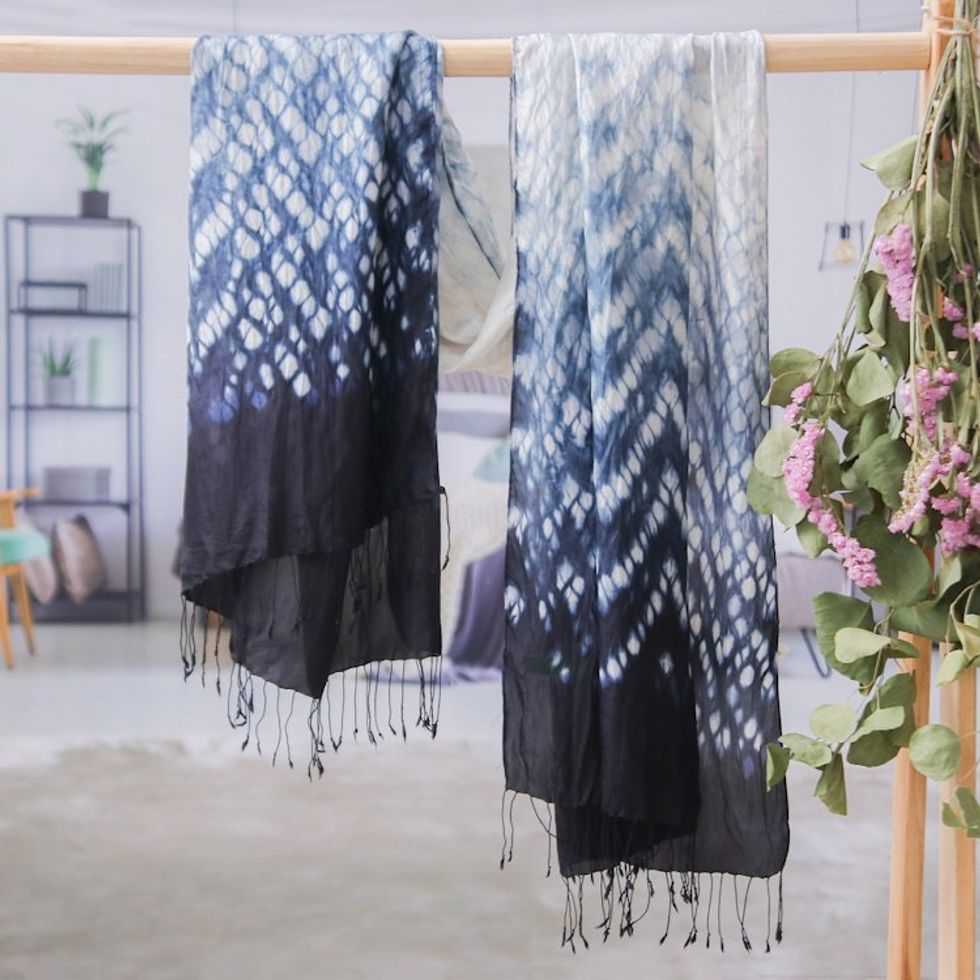 Tie-Dyed White Grey Black Batik Rayon and Silk Blend Scarf 'Exquisite Fusion'