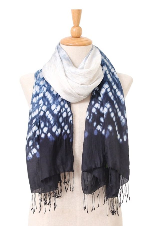 Alternate image for Tie-Dyed White Grey Black Batik Rayon and Silk Blend Scarf Exquisite Fusion