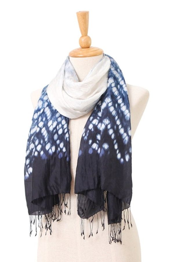 Alternate image for Tie-Dyed White Grey Black Batik Rayon and Silk Blend Scarf Exquisite Fusion
