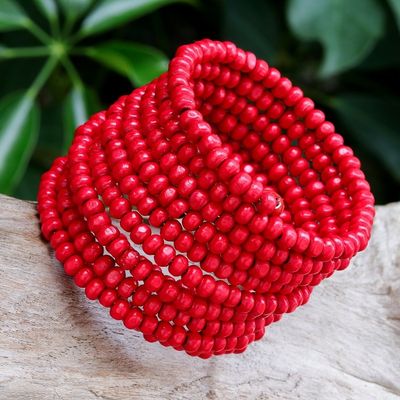 Alternate image for Wide Red Beaded Wood Wrap Bracelet with Bells 2.5 In Crimson Spin