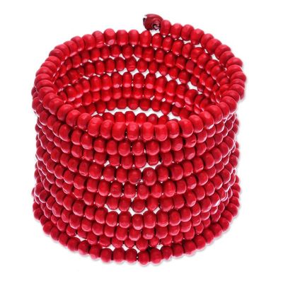 Alternate image for Wide Red Beaded Wood Wrap Bracelet with Bells 2.5 In Crimson Spin