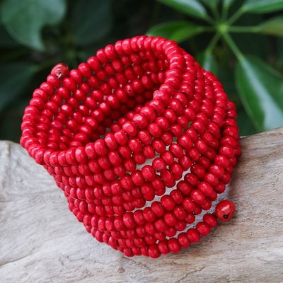 Alternate image for Wide Red Beaded Wood Wrap Bracelet with Bells 2.5 In Crimson Spin