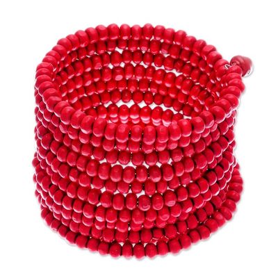 Alternate image for Wide Red Beaded Wood Wrap Bracelet with Bells 2.5 In Crimson Spin