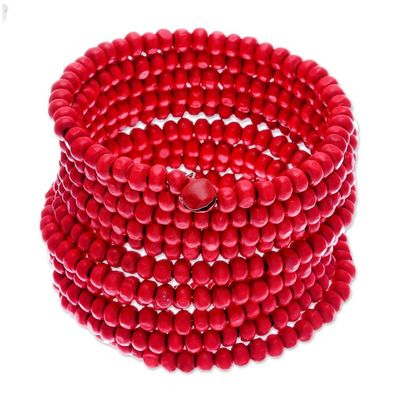 Alternate image for Wide Red Beaded Wood Wrap Bracelet with Bells 2.5 In Crimson Spin