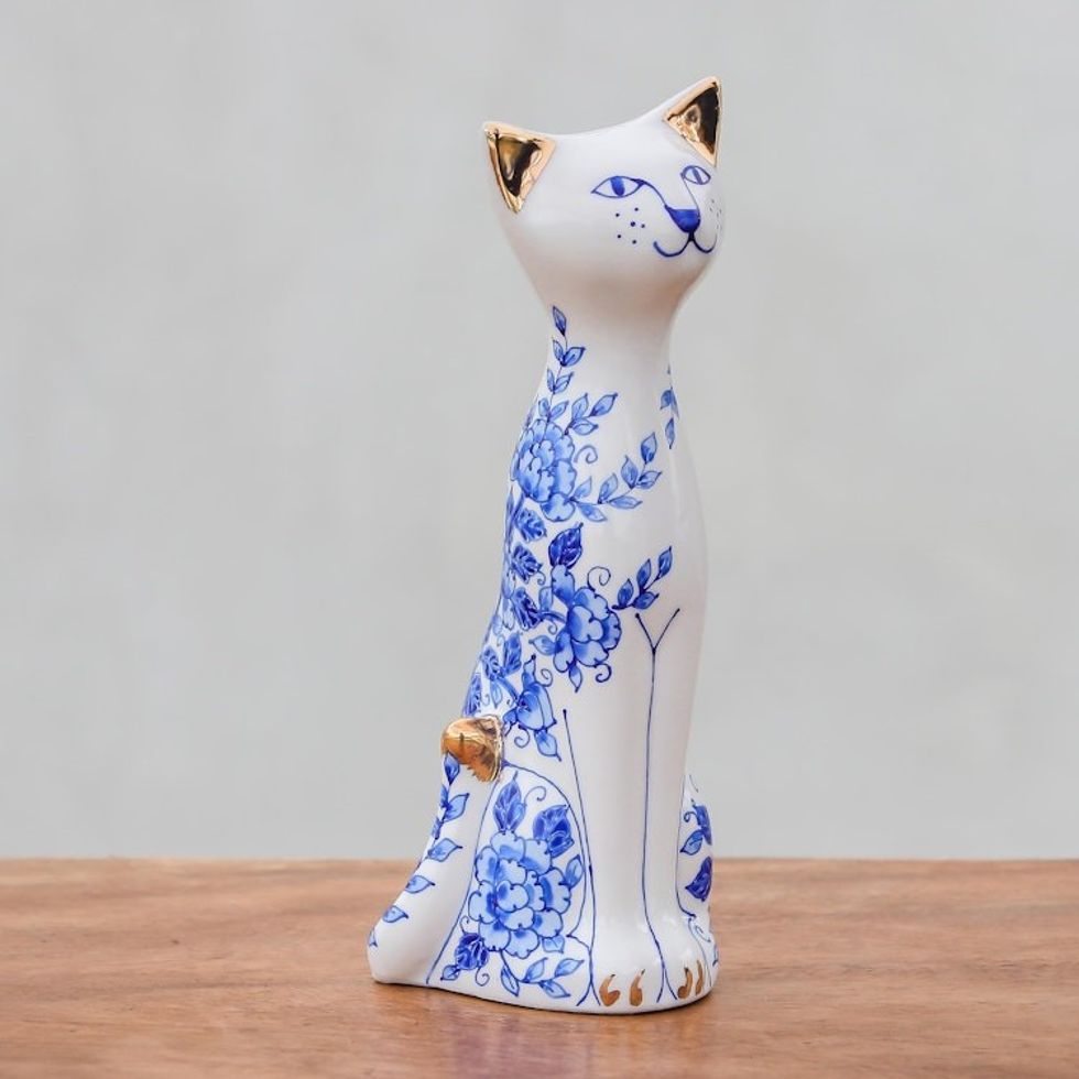 Floral Benjarong Porcelain Cat Statuette 7.5 in. 'Happy Floral Cat'