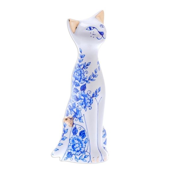 Alternate image for Floral Benjarong Porcelain Cat Statuette 7.5 in. Happy Floral Cat