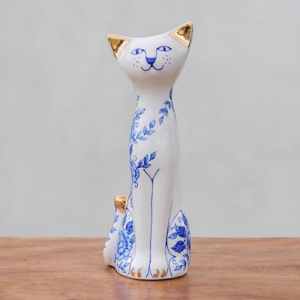 Alternate image for Floral Benjarong Porcelain Cat Statuette 7.5 in. Happy Floral Cat