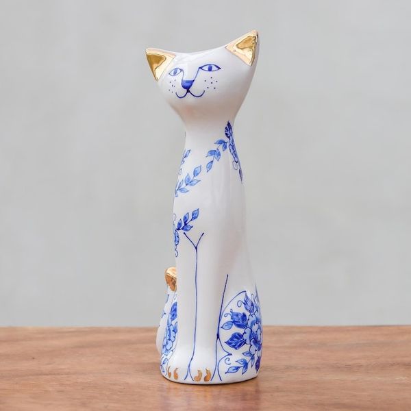 Alternate image for Floral Benjarong Porcelain Cat Statuette 7.5 in. Happy Floral Cat
