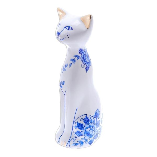 Alternate image for Floral Benjarong Porcelain Cat Statuette 7.5 in. Happy Floral Cat
