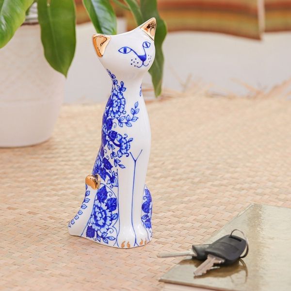 Alternate image for Floral Benjarong Porcelain Cat Statuette 7.5 in. Happy Floral Cat