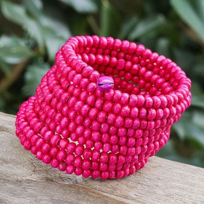 Alternate image for Handmade Pink Wood Beaded Wrap Bracelet with Bells 2.5 In Pink Spin