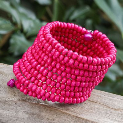 Alternate image for Handmade Pink Wood Beaded Wrap Bracelet with Bells 2.5 In Pink Spin