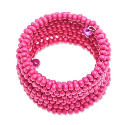 Alternate image for Handmade Pink Wood Beaded Wrap Bracelet with Bells 2.5 In Pink Spin