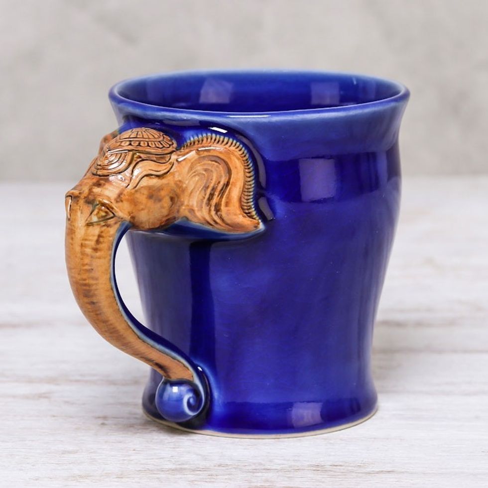 Celadon Ceramic Elephant Mug in Blue from Thailand 10 oz. 'Elephant Handle in Blue'