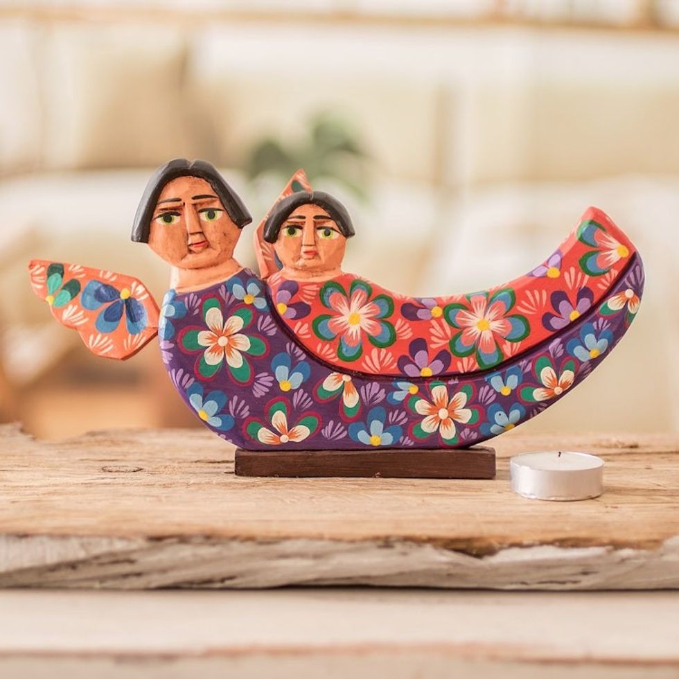 Guatemalan Hand Carved Floral Angel Sculpture 'Protective Angels'