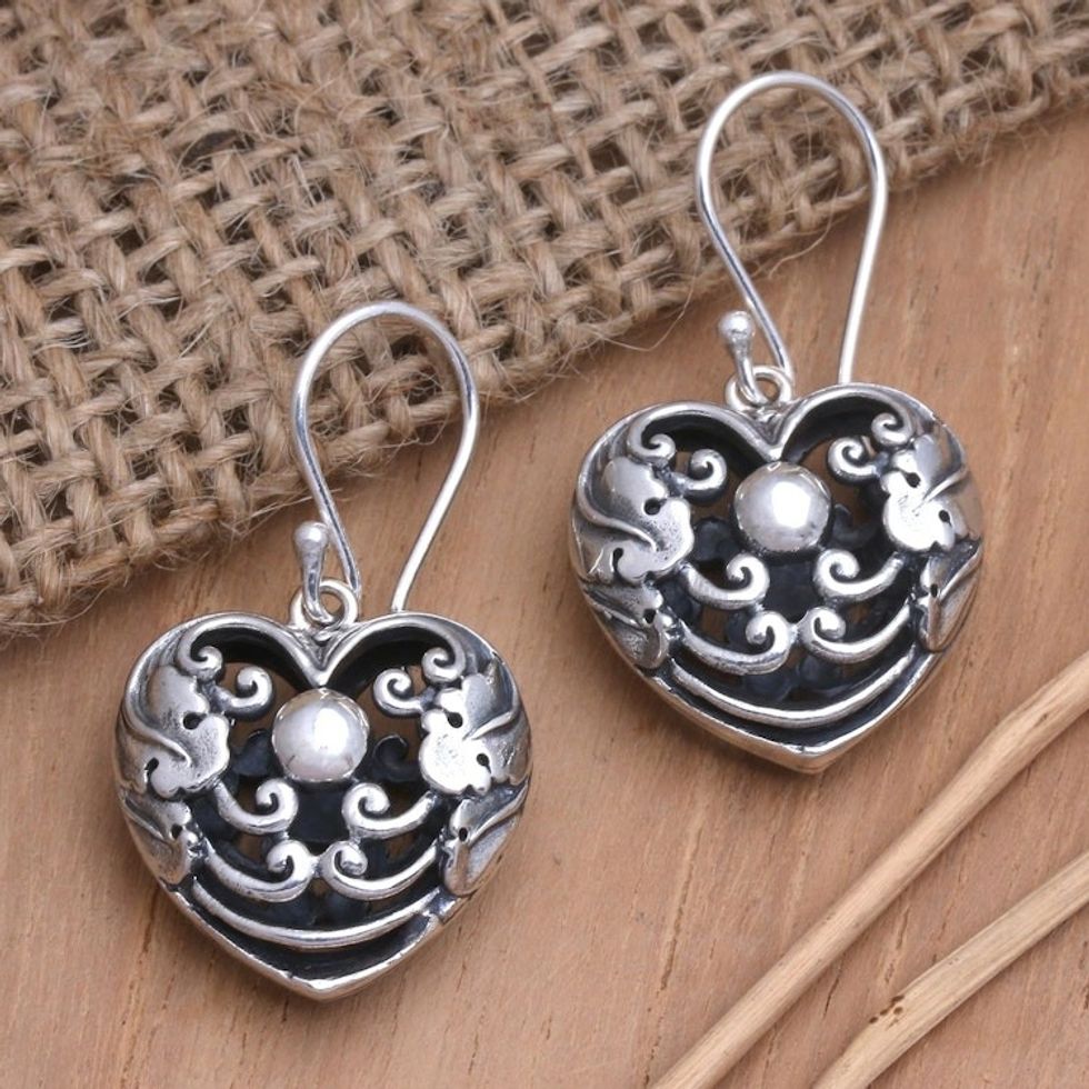 Sterling Silver Dangle Earrings with Heart Motif 'Cage of Love'
