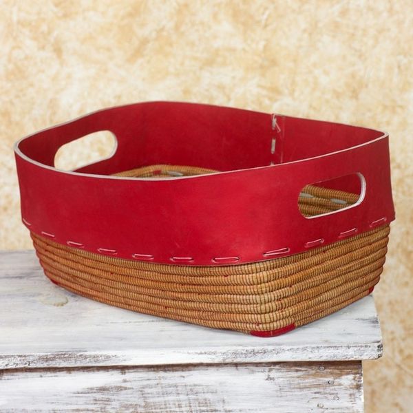 Alternate image for Nicaraguan Red Leather Hand Crafted Pine Needle Basket Chili Pepper Red