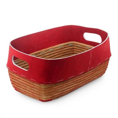 Alternate image for Nicaraguan Red Leather Hand Crafted Pine Needle Basket Chili Pepper Red