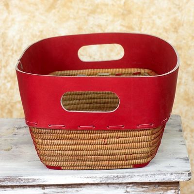 Alternate image for Nicaraguan Red Leather Hand Crafted Pine Needle Basket Chili Pepper Red