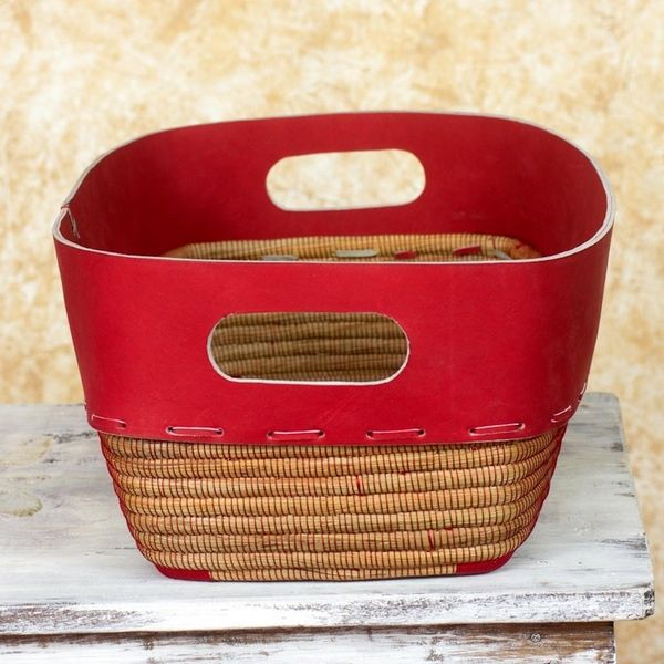 Alternate image for Nicaraguan Red Leather Hand Crafted Pine Needle Basket Chili Pepper Red