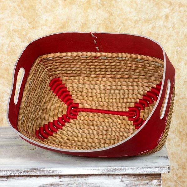 Alternate image for Nicaraguan Red Leather Hand Crafted Pine Needle Basket Chili Pepper Red
