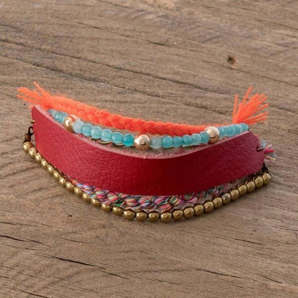 Alternate image for Glass Beaded Crimson Leather Wristband Bracelet Crimson Combination