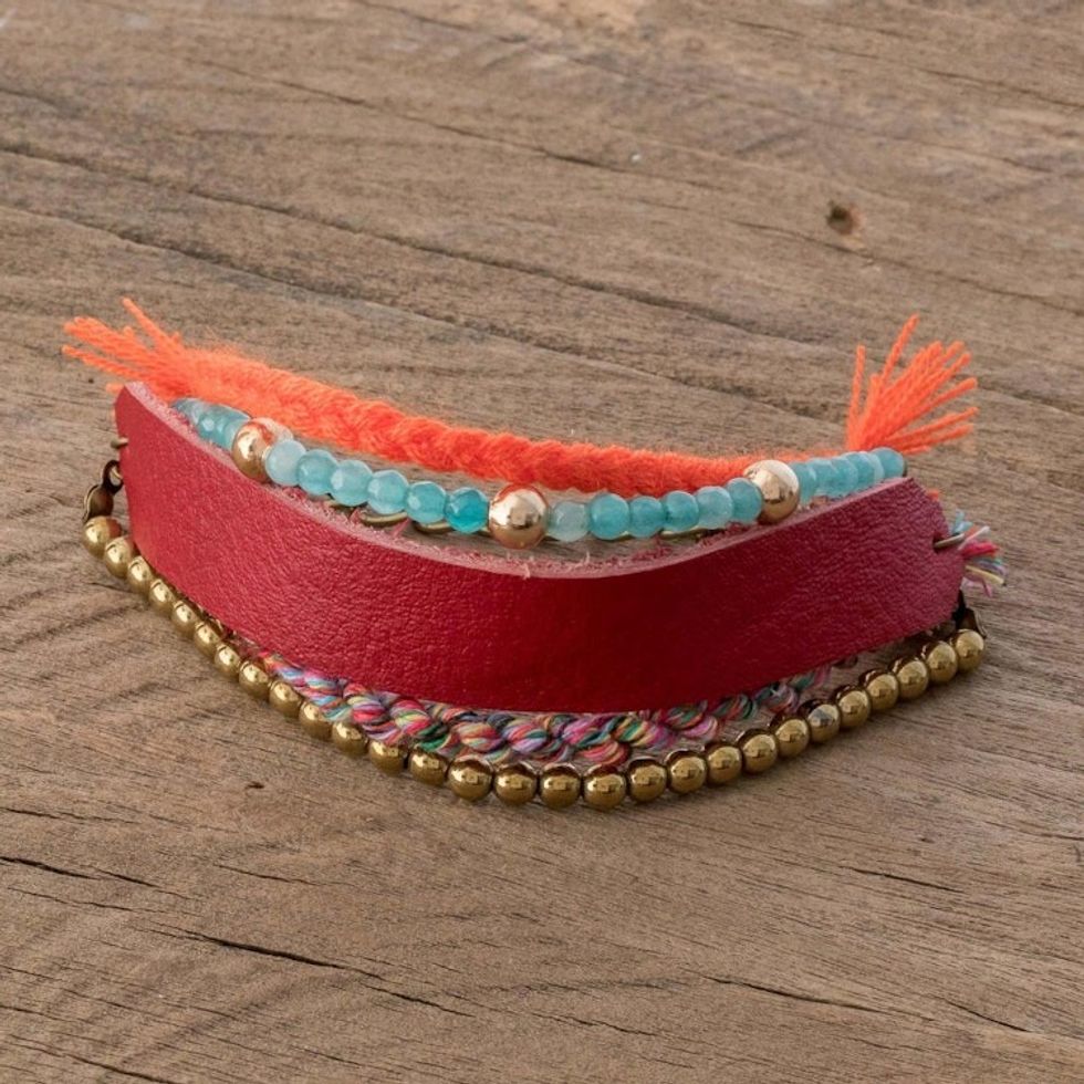 Glass Beaded Crimson Leather Wristband Bracelet 'Crimson Combination'