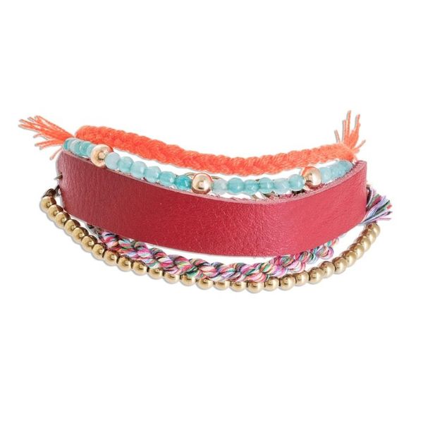 Alternate image for Glass Beaded Crimson Leather Wristband Bracelet Crimson Combination