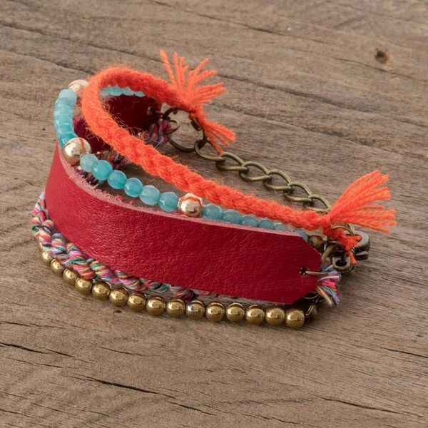 Alternate image for Glass Beaded Crimson Leather Wristband Bracelet Crimson Combination