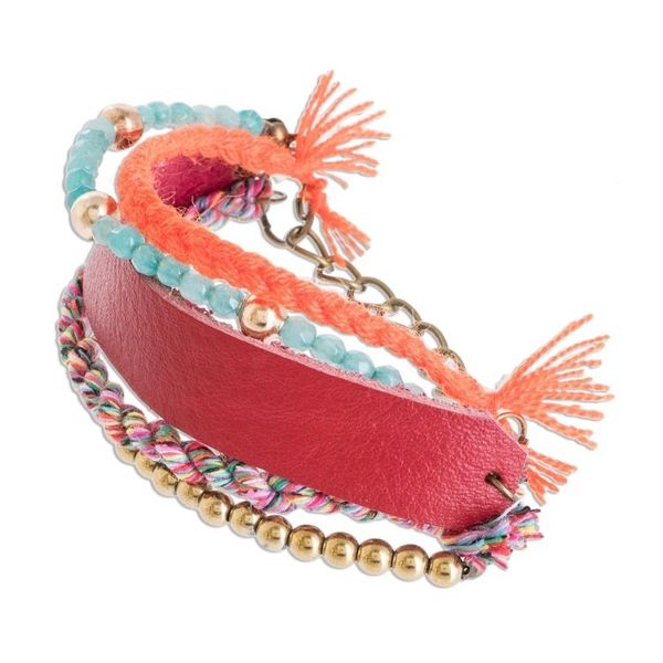 Alternate image for Glass Beaded Crimson Leather Wristband Bracelet Crimson Combination