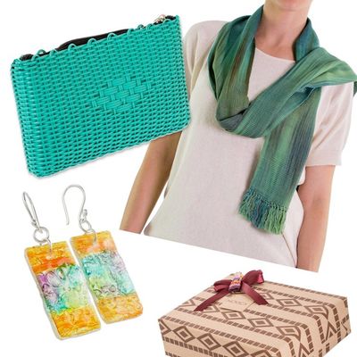 Primary image for Gift Set with Scarf, Handwoven Clutch, and Upcycled Earrings Upcycled in Turquoise