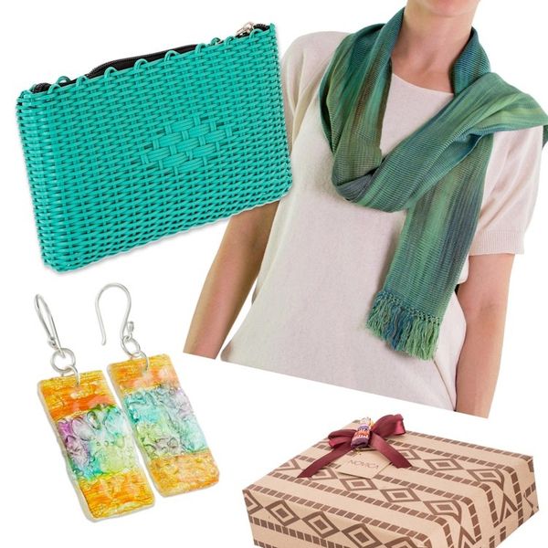 Alternate image for Gift Set with Scarf, Handwoven Clutch, and Upcycled Earrings Upcycled in Turquoise