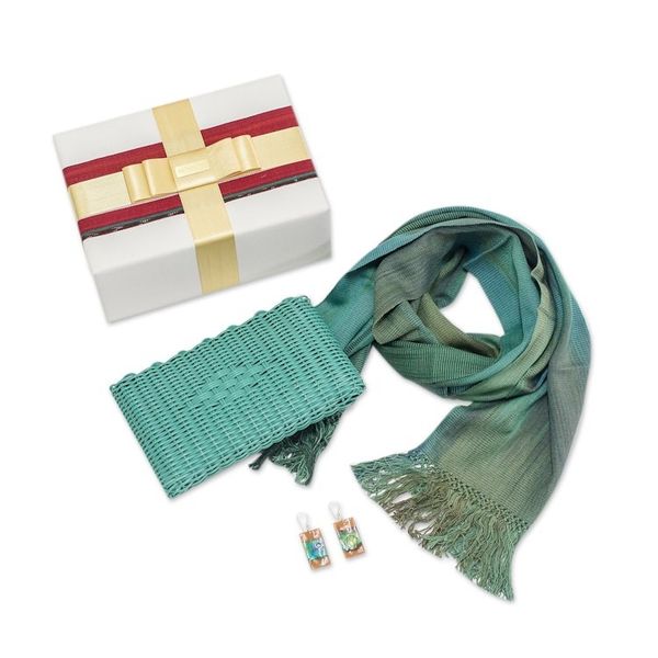 Alternate image for Gift Set with Scarf, Handwoven Clutch, and Upcycled Earrings Upcycled in Turquoise