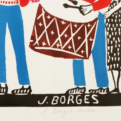 Alternate image for Fife Band Portrait Multicolor Woodcut Print by J. Borges Rural Fife Band I